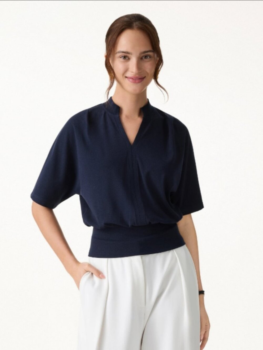 Stand Collar V-Neck Short Sleeve Top - Peri Green - Picture 2 of 2